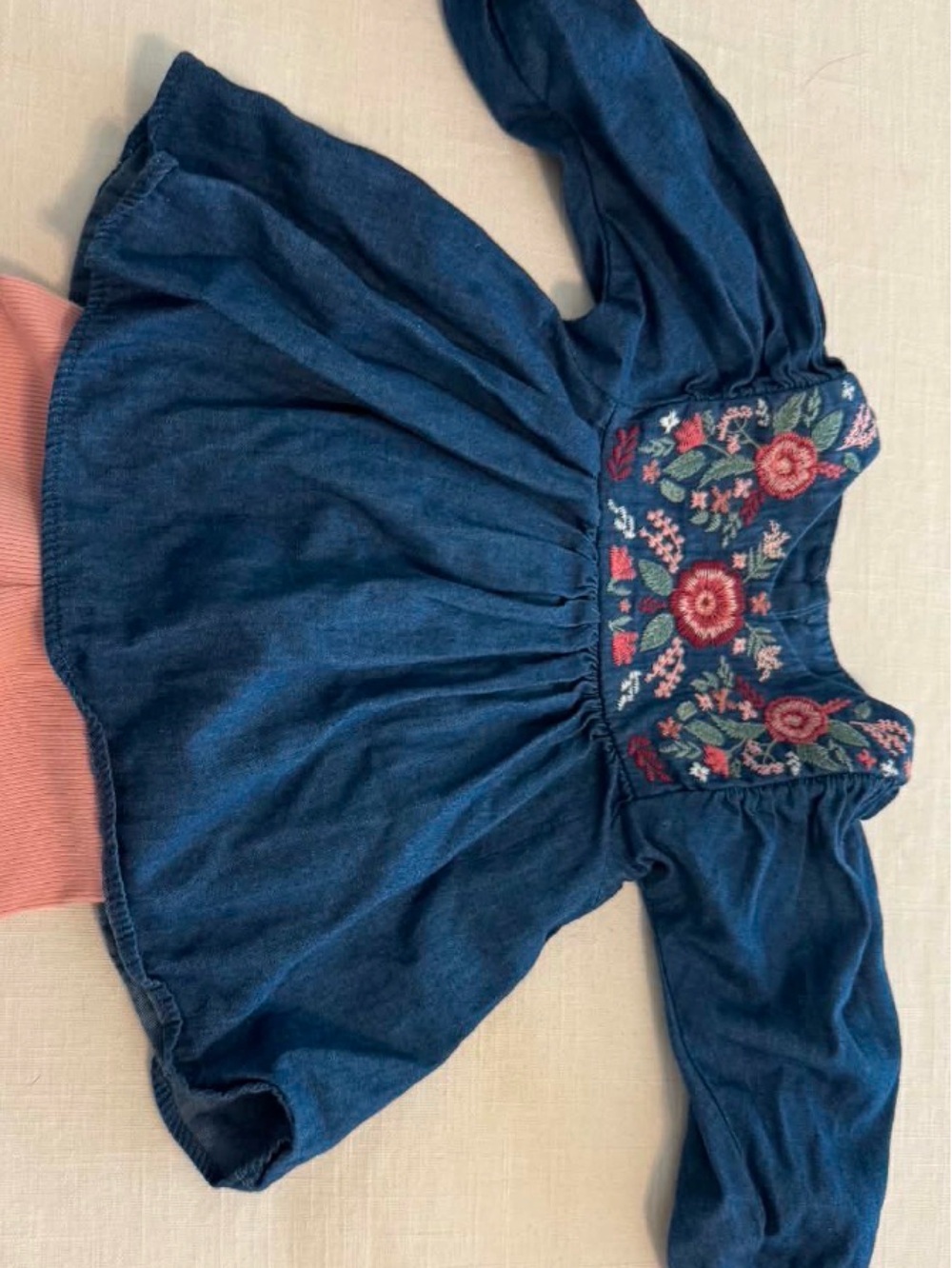 Bonnie Baby Blue Denim Long-Sleeve Dress with Pink Floral Embroidery